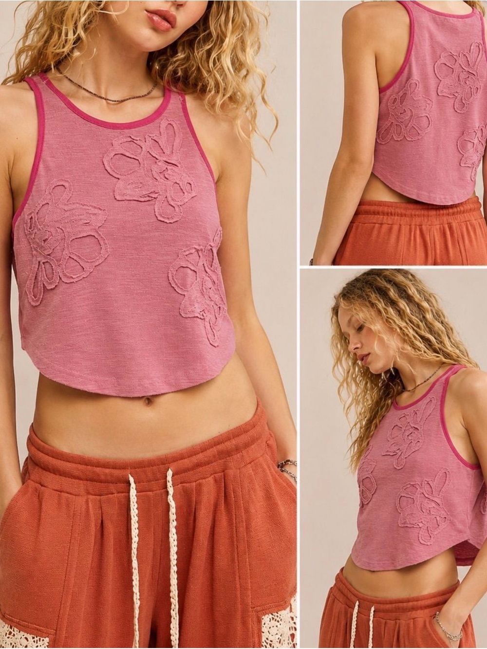 POL Women's Pink Floral Applique Cropped Tank Top